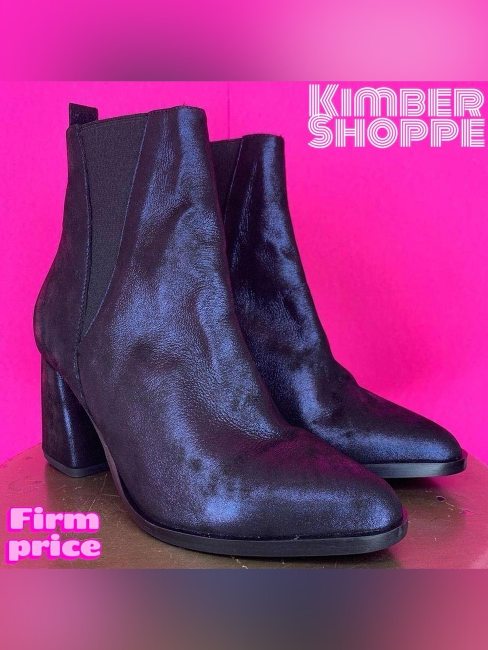 P Ross Shimmery Blue Black Leather Block Heel Chelsea Ankle Boots US 6